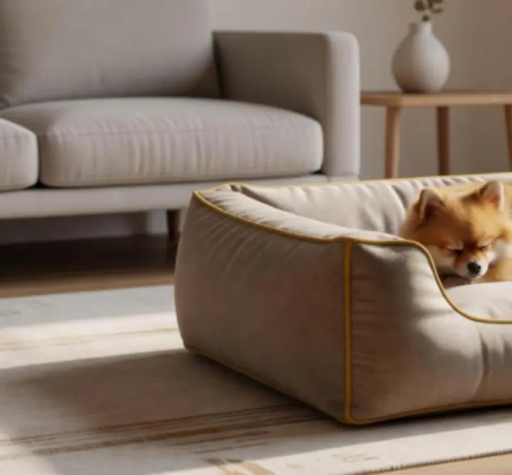 Nowoczesny salon z legowiskiem Paw Accessories dopasowanym kolorystycznie do wnętrza
