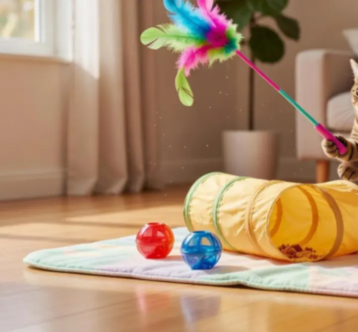 Kot bawiący się różnorodnymi zabawkami i tunelami z oferty Paw Accessories