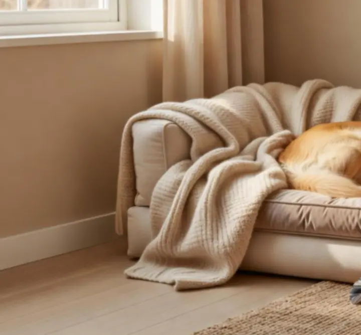 Pies lub kot odpoczywający w przytulnym legowisku w nowoczesnym domu