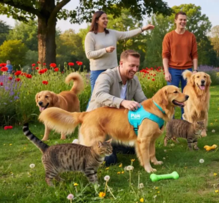 Zadowoleni opiekunowie bawiący się ze swoimi psami i kotami z akcesoriami Paw Accessories
