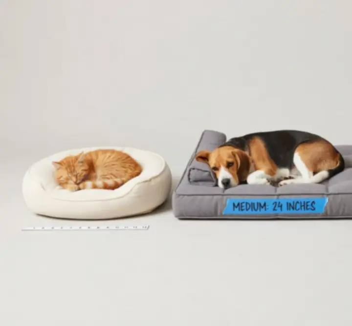 Ilustracja przewodnika po rozmiarach legowisk dla psów i kotów